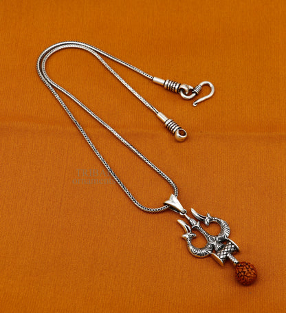 Sterling silver Lord Shiva trident pendant featuring intricate vintage Hindu god jewelry design by TRIBAL ORNAMENTS.