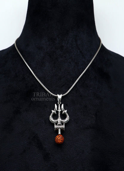 Sterling silver Lord Shiva trident pendant from Tribal Ornaments, featuring intricate vintage Hindu deity jewelry design.