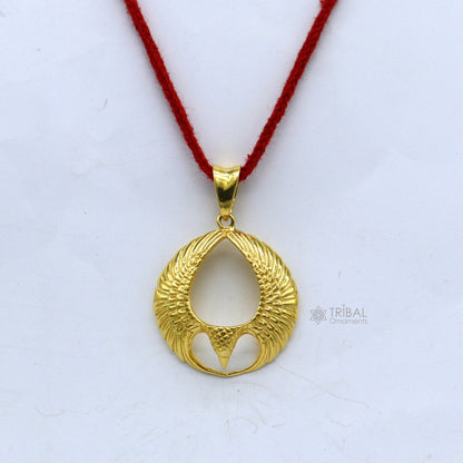Sterling silver Lord Vishnu vahan Garuda eagle pendant with gold polish, custom jewelry featuring Hindu deity and mythological symbolism.