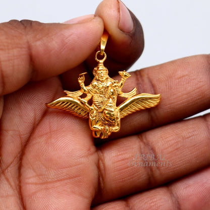 Sterling silver Lord Vishnu pendant with Garuda, gold polished, unisex Hindu jewelry, customized locket from Tribal Ornaments.