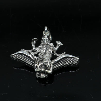 Sterling silver Lord Vishnu with Garuda pendant, unisex customized jewelry featuring intricate Hindu divine idol design.