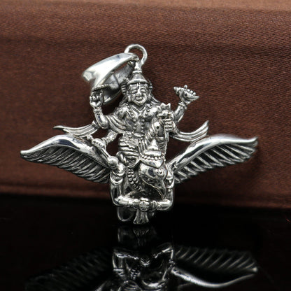 Sterling silver Lord Vishnu with Garuda pendant, unisex customized divine jewelry, detailed Hindu idol necklace by Tribal Ornaments