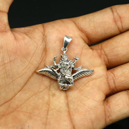 925 sterling silver Lord Vishnu with Garuda pendant, unisex Hindu locket featuring detailed deity and bird motif.