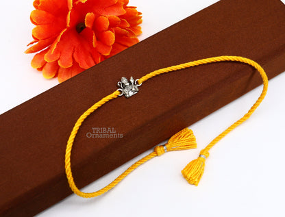 925 Sterling silver Lord Hanuman bracelet thread rakhi with intricate tribal design, handcrafted by TRIBAL ORNAMENTS.