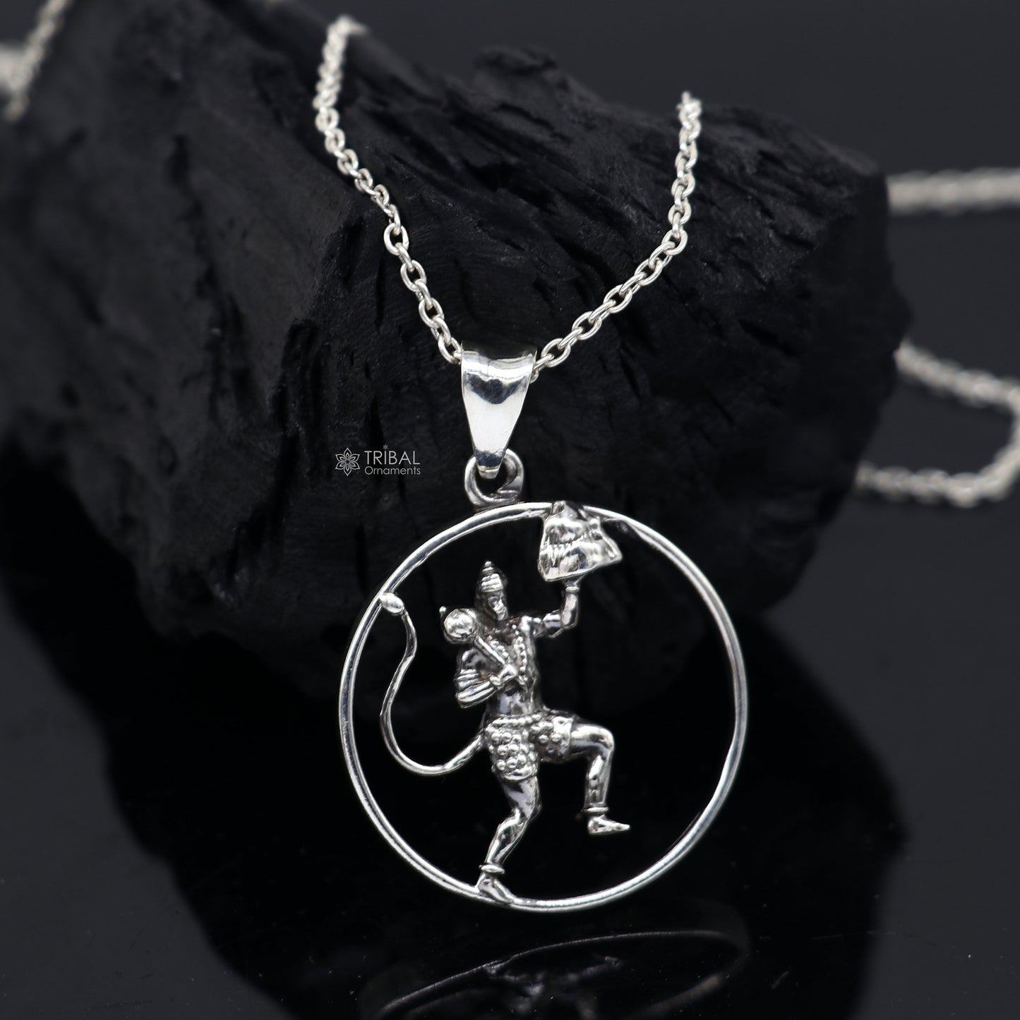 Unisex 925 sterling silver Lord Hanuman pendant with intricate Hindu deity design, vintage-style jewelry from Tribal Ornaments.