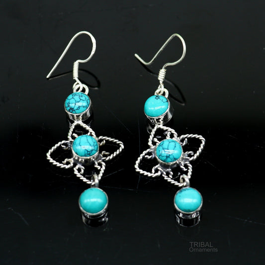 925 sterling silver hoops earring, gorgeous Blue turquoise stone charm earring excellent gifting brides earring party jewelry s993 - TRIBAL ORNAMENTS