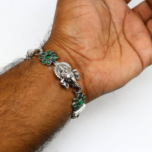 925 sterling silver idol Ganesha design bangle bracelet kada with amazing floral style green stone, gifting ethnic jewelry nba382 - TRIBAL ORNAMENTS