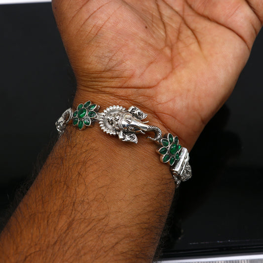 925 sterling silver idol Ganesha design bangle bracelet kada with amazing floral style green stone, gifting ethnic jewelry nba382 - TRIBAL ORNAMENTS