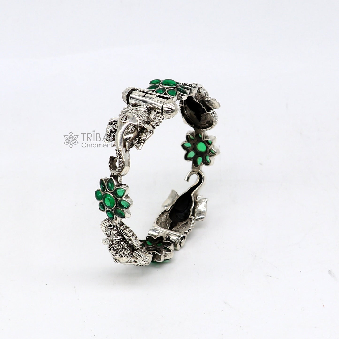 925 sterling silver idol Ganesha design bangle bracelet kada with amazing floral style green stone, gifting ethnic jewelry nba382 - TRIBAL ORNAMENTS
