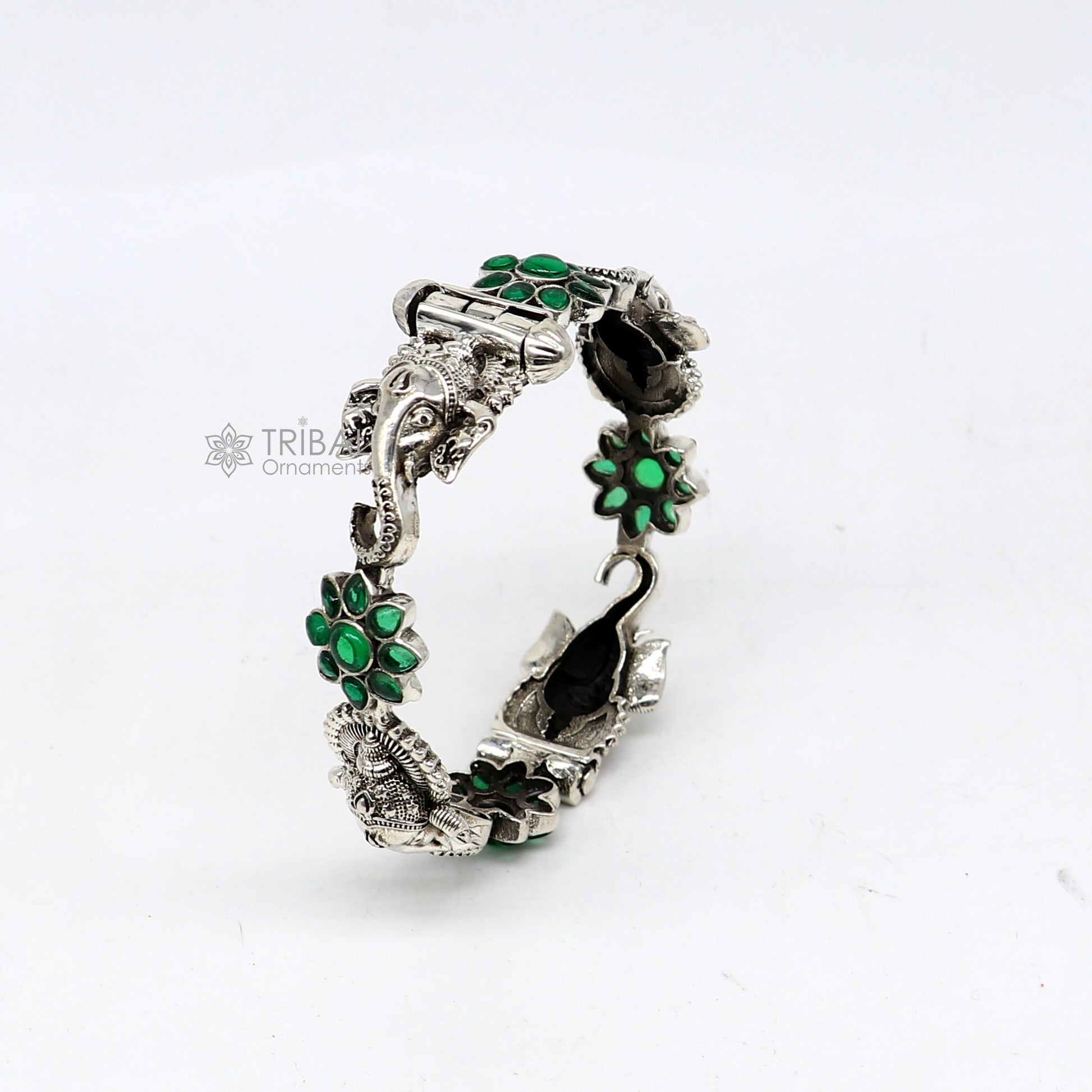925 sterling silver idol Ganesha design bangle bracelet kada with amazing floral style green stone, gifting ethnic jewelry nba382 - TRIBAL ORNAMENTS