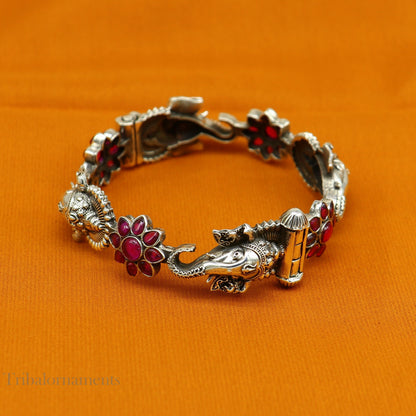925 sterling silver idol Ganesha design bangle bracelet kada with amazing floral style red stone, best gifting ethnic jewelry ba120 - TRIBAL ORNAMENTS