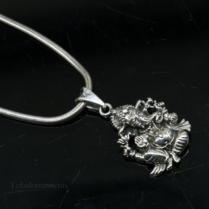 925 sterling silver Ganesha pendant necklace, tribal belly dance jewelry, detailed idol design from Rajasthan India