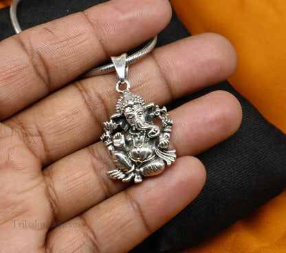 925 sterling silver Ganesha pendant necklace with tribal design, ideal for belly dance jewelry or daily wear.