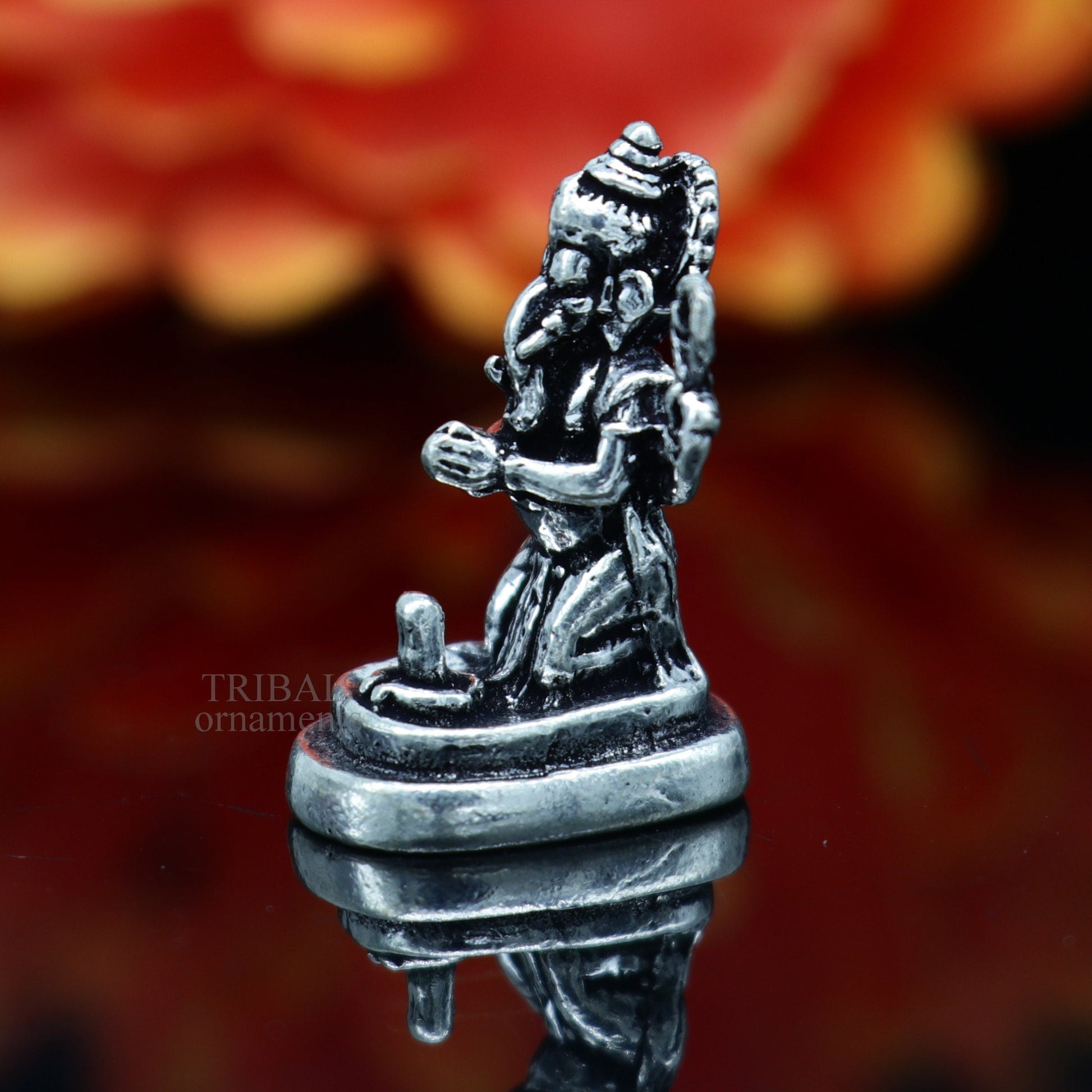 925 Sterling silver idol ganesha with lord shiva lingam, amazing divine small statue figurine silver gifting temple article art522 - TRIBAL ORNAMENTS
