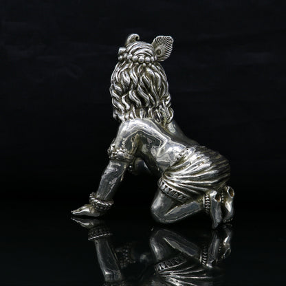 925 Sterling silver Idol Krishna Bal Gopal statue figurine, child krishna laddu gopal sculpture home temple utensil, silver article su211 - TRIBAL ORNAMENTS