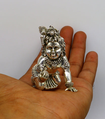925 Sterling silver Idol Krishna Bal Gopal statue figurine, child krishna laddu gopal sculpture home temple utensil, silver article su211 - TRIBAL ORNAMENTS