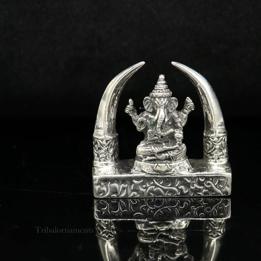925 Sterling silver Idol lord Ganesha, Pooja Articles, Indian Silver Idols, handcrafted Ganesh statue sculpture Diwali puja gifting Art154 - TRIBAL ORNAMENTS