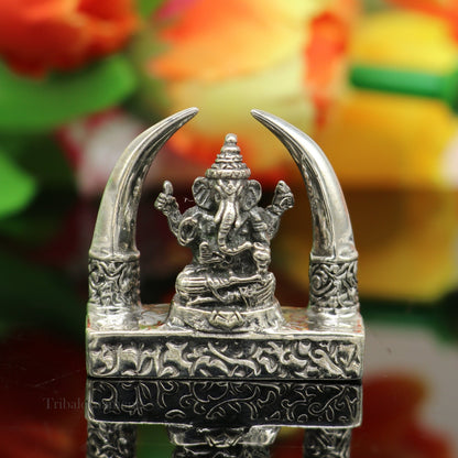 925 Sterling silver Idol lord Ganesha, Pooja Articles, Indian Silver Idols, handcrafted Ganesh statue sculpture Diwali puja gifting Art154 - TRIBAL ORNAMENTS