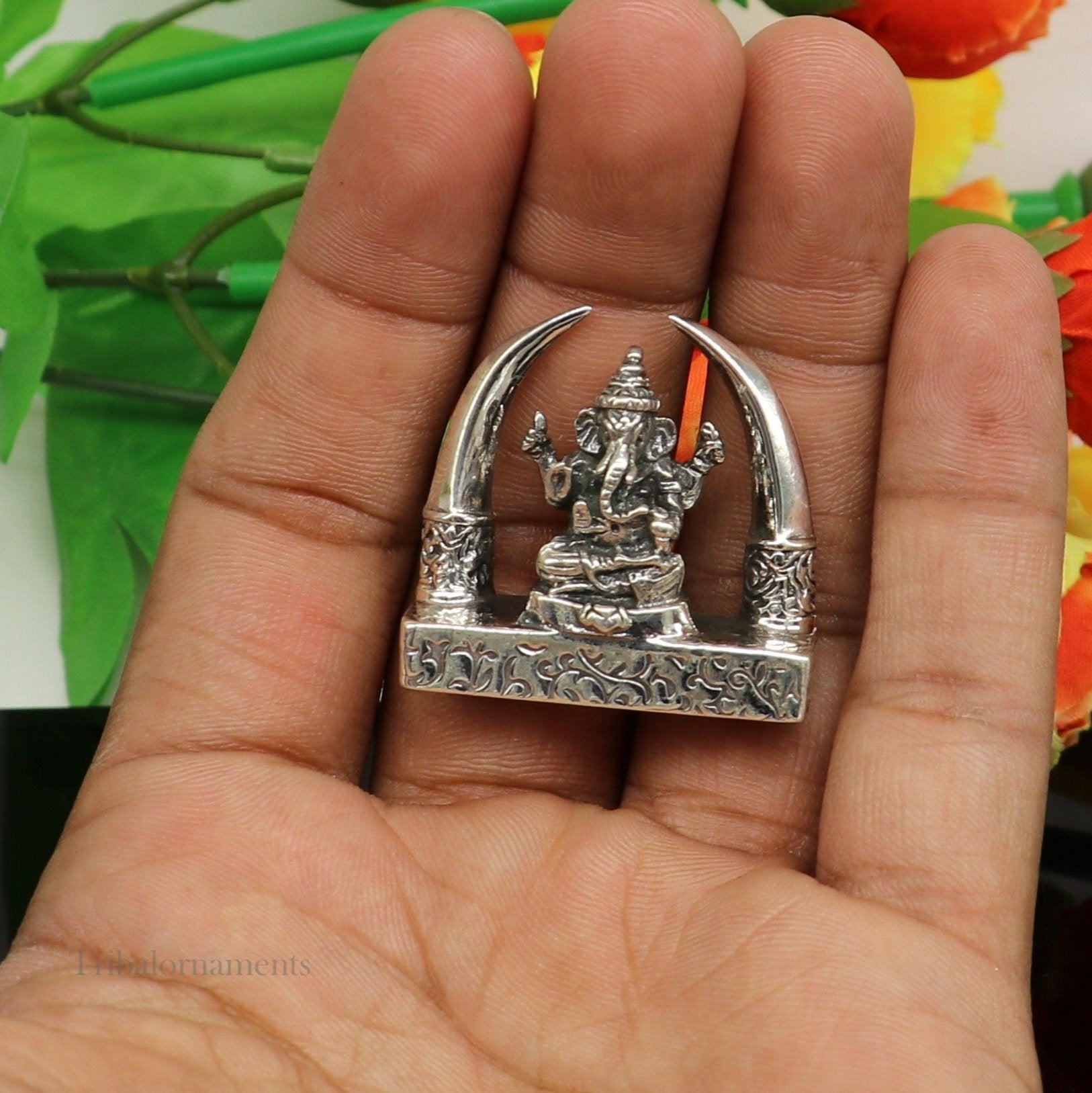 925 Sterling silver Idol lord Ganesha, Pooja Articles, Indian Silver Idols, handcrafted Ganesh statue sculpture Diwali puja gifting Art154 - TRIBAL ORNAMENTS