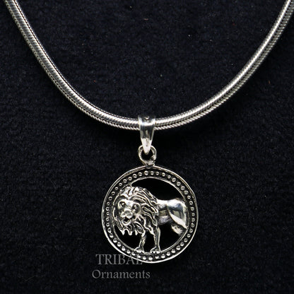 925 sterling silver lion pendant featuring Leo zodiac symbol, unisex tribal ornament with traditional Indian design.
