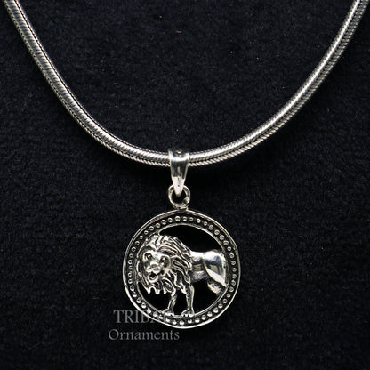 Sterling silver lion pendant with zodiac Leo design, unisex horoscope pendant, tribal ornaments brand, traditional Indian style.