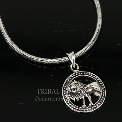 Unisex 925 sterling silver lion pendant with intricate tribal design, representing the Leo zodiac sign and Singh Rashi.