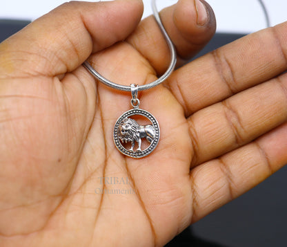 Unisex 925 sterling silver lion pendant with intricate tribal design, representing Leo zodiac sign, traditional Indian jewelry.