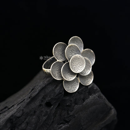 925 Sterling silver Indian tribal floral design adjustable ring, handmade vintage jewelry for belly dance or cultural wear.