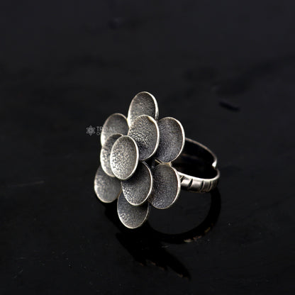 Handmade 925 sterling silver Indian tribal floral design adjustable ring, showcasing vintage Indian belly dance jewelry style.