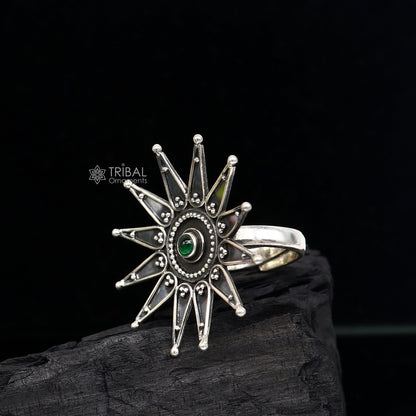 Sterling silver Indian tribal handmade vintage adjustable ring with intricate ethnic design, suitable for belly dance jewelry.
