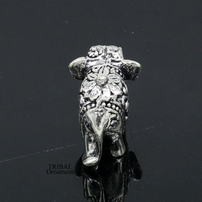 Solid 925 Sterling silver Kandrai work floral design customized Elephant statue, puja article figurine for wealth and prosperity art498 - TRIBAL ORNAMENTS