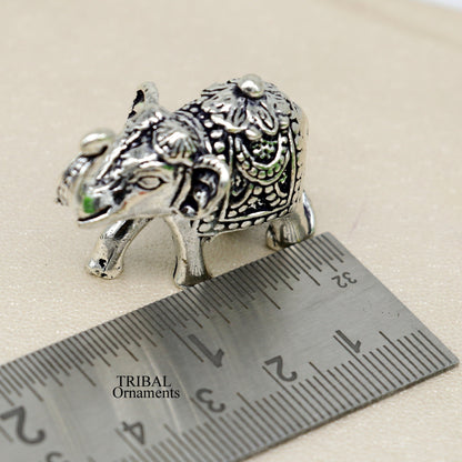 Solid 925 Sterling silver Kandrai work Nakshi design customized Elephant statue, puja article figurine, home décor Diwali puja gift art497 - TRIBAL ORNAMENTS