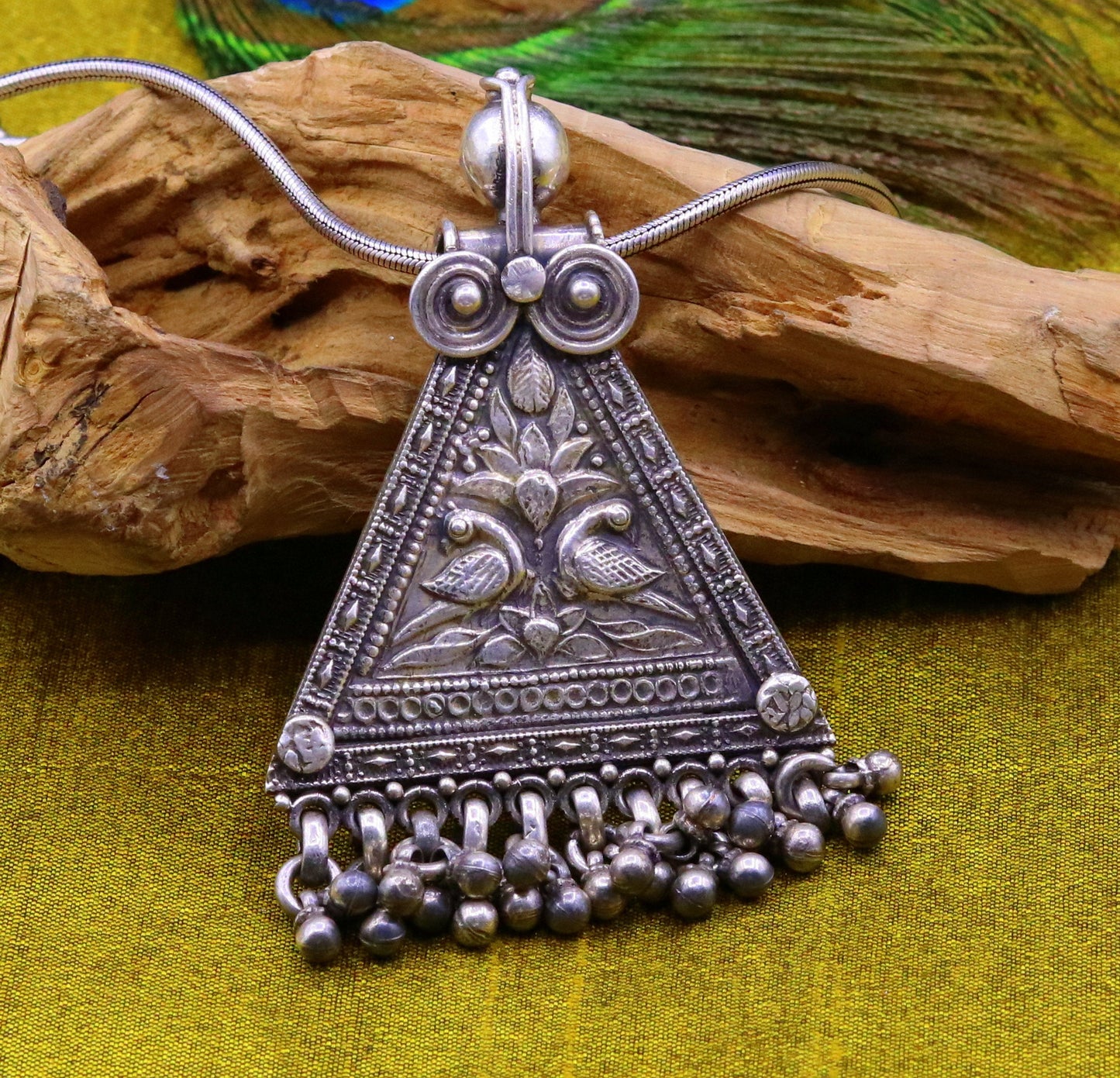 925 Sterling silver large drop dangle charm pendant, peacock pendant tribal ethnic necklace, wedding party gifting boho jewelry india nsp355 - TRIBAL ORNAMENTS