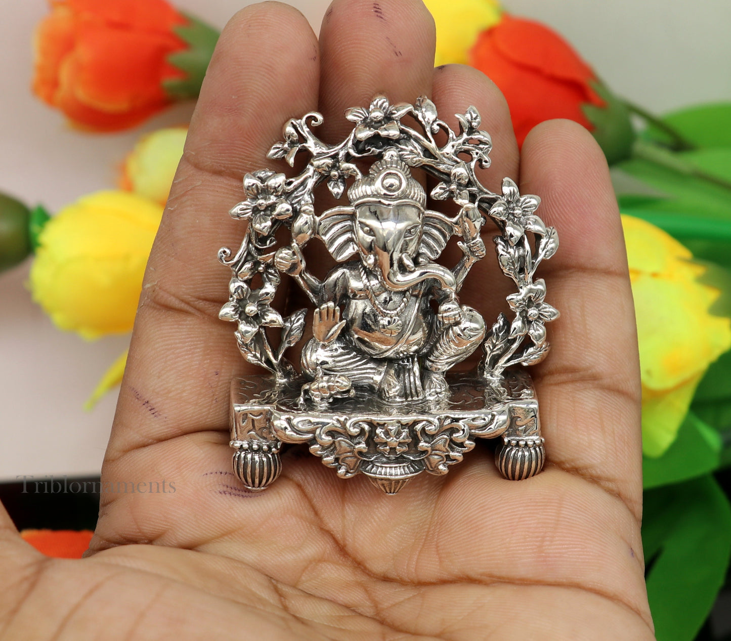 925 Sterling silver Lord Ganesh Idol, Pooja Articles, Indian Silver Idols, handcrafted Lord Ganesh statue sculpture amazing gifting art175 - TRIBAL ORNAMENTS