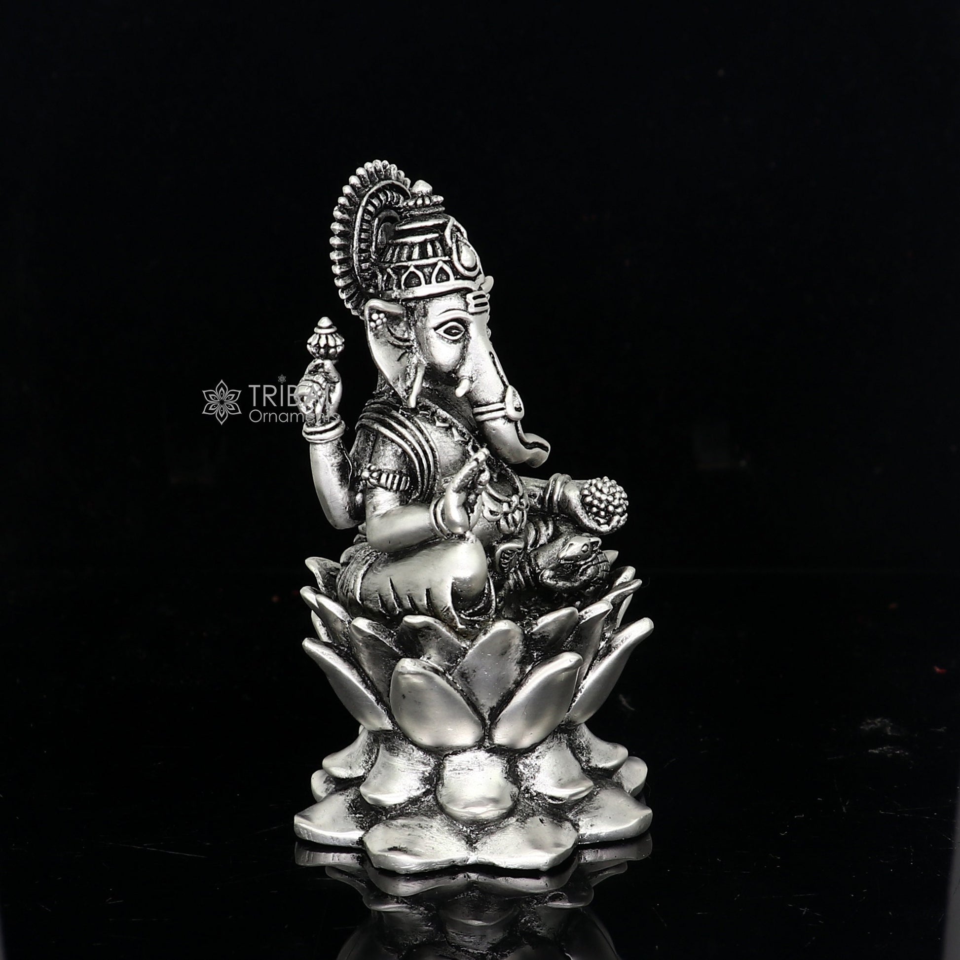 925 Sterling silver Lord Ganesh Idol, Pooja Articles, Silver Idols Figurine, handcrafted Ganesha statue sculpture Diwali puja gift art669 - TRIBAL ORNAMENTS