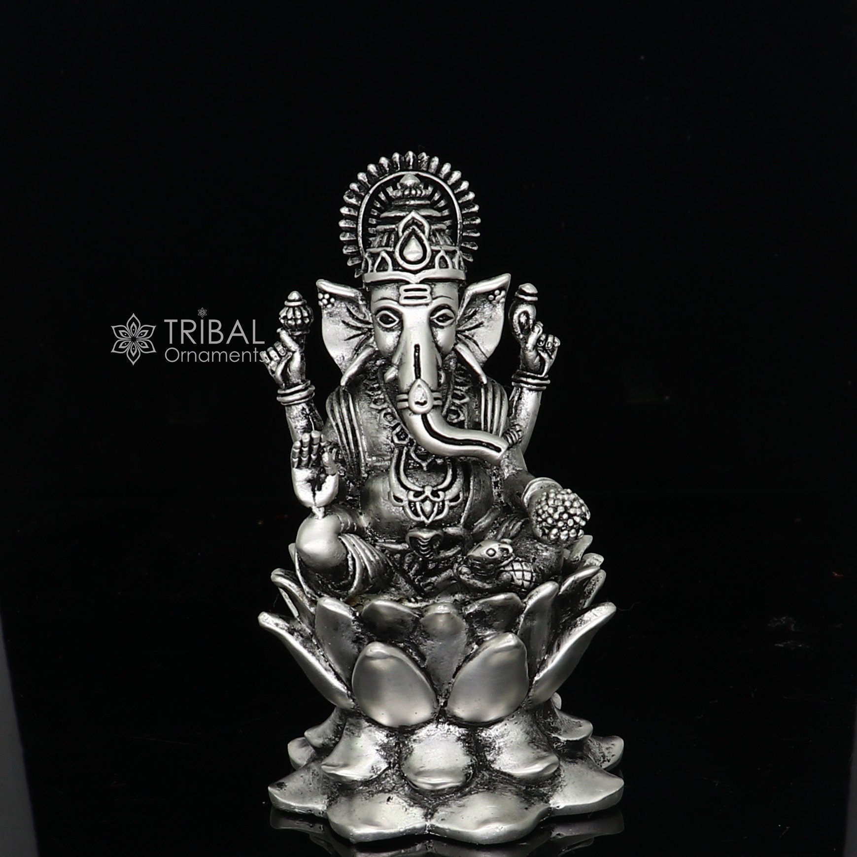 925 Sterling silver Lord Ganesh Idol, Pooja Articles, Silver Idols Figurine, handcrafted Ganesha statue sculpture Diwali puja gift art669 - TRIBAL ORNAMENTS