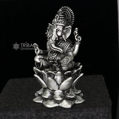 925 Sterling silver Lord Ganesh Idol, Pooja Articles, Silver Idols Figurine, handcrafted Ganesha statue sculpture Diwali puja gift art669 - TRIBAL ORNAMENTS
