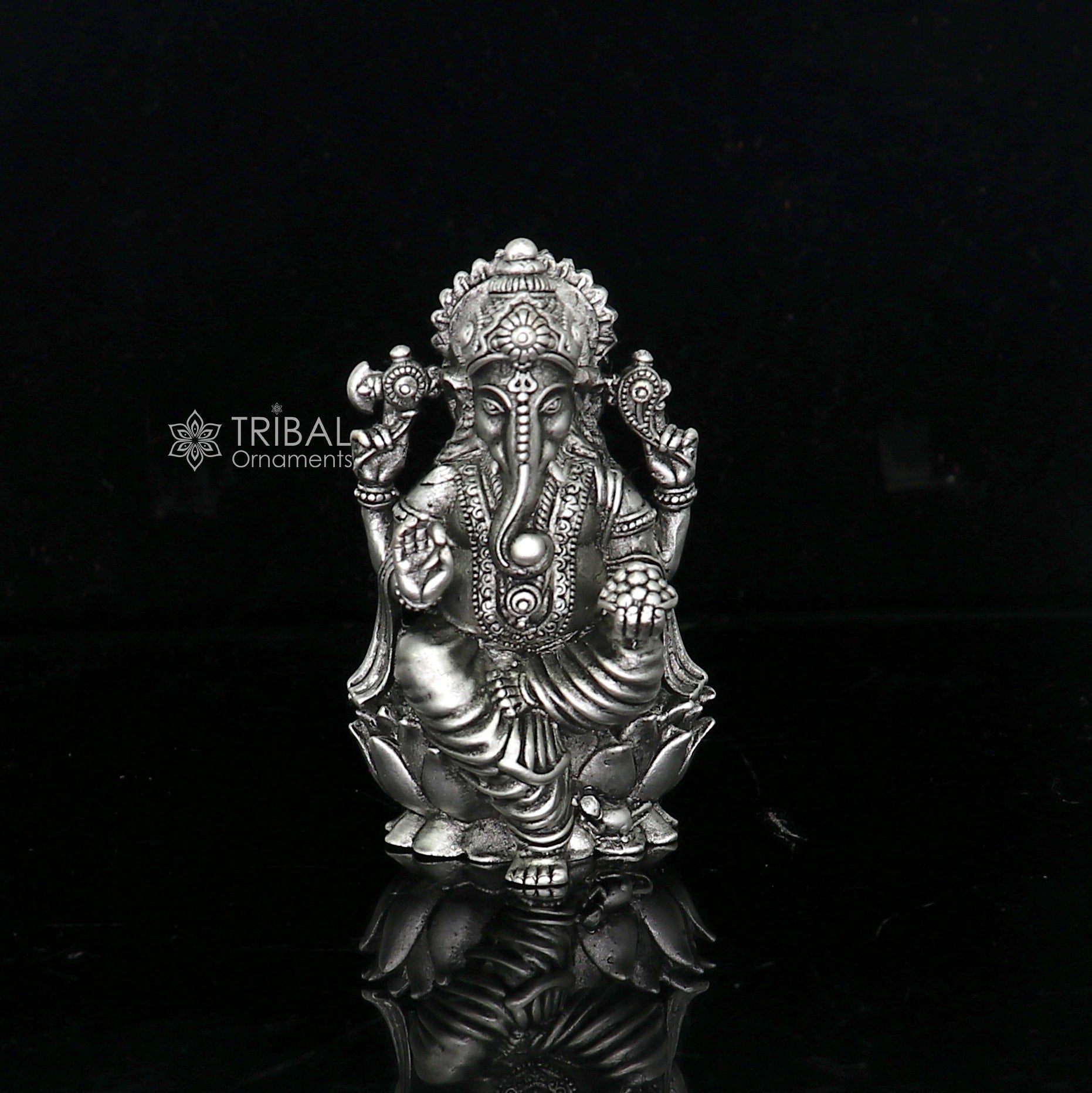 925 Sterling silver Lord Ganesh Idol, Pooja Articles, Silver Idols Figurine, handcrafted Ganesha statue sculpture Diwali puja gift art670 - TRIBAL ORNAMENTS
