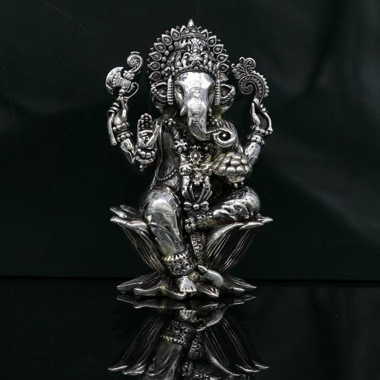 925 Sterling silver Lord Ganesh Idol, Pooja Articles, Silver Idols Figurine, handcrafted Lord Ganesh statue sculpture Diwali puja gift su212 - TRIBAL ORNAMENTS