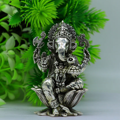 Handcrafted 925 sterling silver Lord Ganesh idol statue for puja, decorative silver figurine for Diwali celebration.