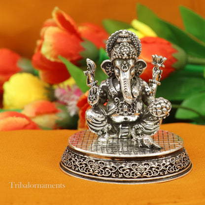 925 Sterling silver Lord Ganesh Idol, Pooja Articles, Silver Idols Figurine, handcrafted Lord Ganesh statue sculpture gifting art art218 - TRIBAL ORNAMENTS