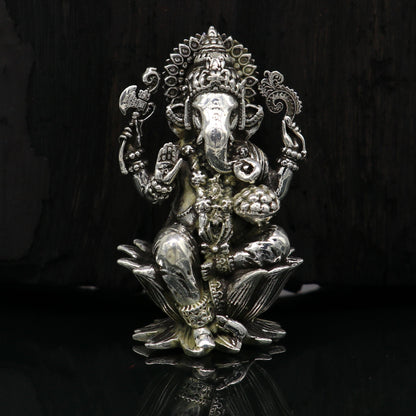 925 Sterling silver Lord Ganesh Idol, Pooja Articles, Silver Idols Figurine, handcrafted Lord Ganesh statue sculpture gifting art su213 - TRIBAL ORNAMENTS