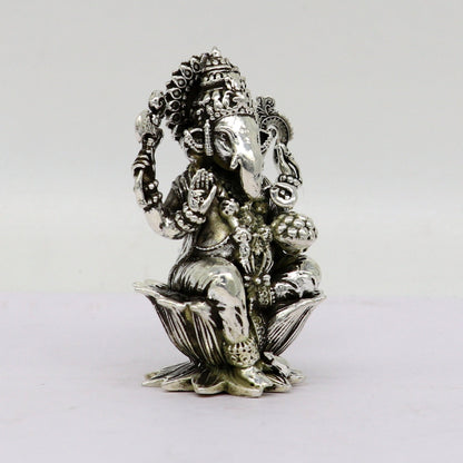 925 Sterling silver Lord Ganesh Idol, Pooja Articles, Silver Idols Figurine, handcrafted Lord Ganesh statue sculpture gifting art su213 - TRIBAL ORNAMENTS