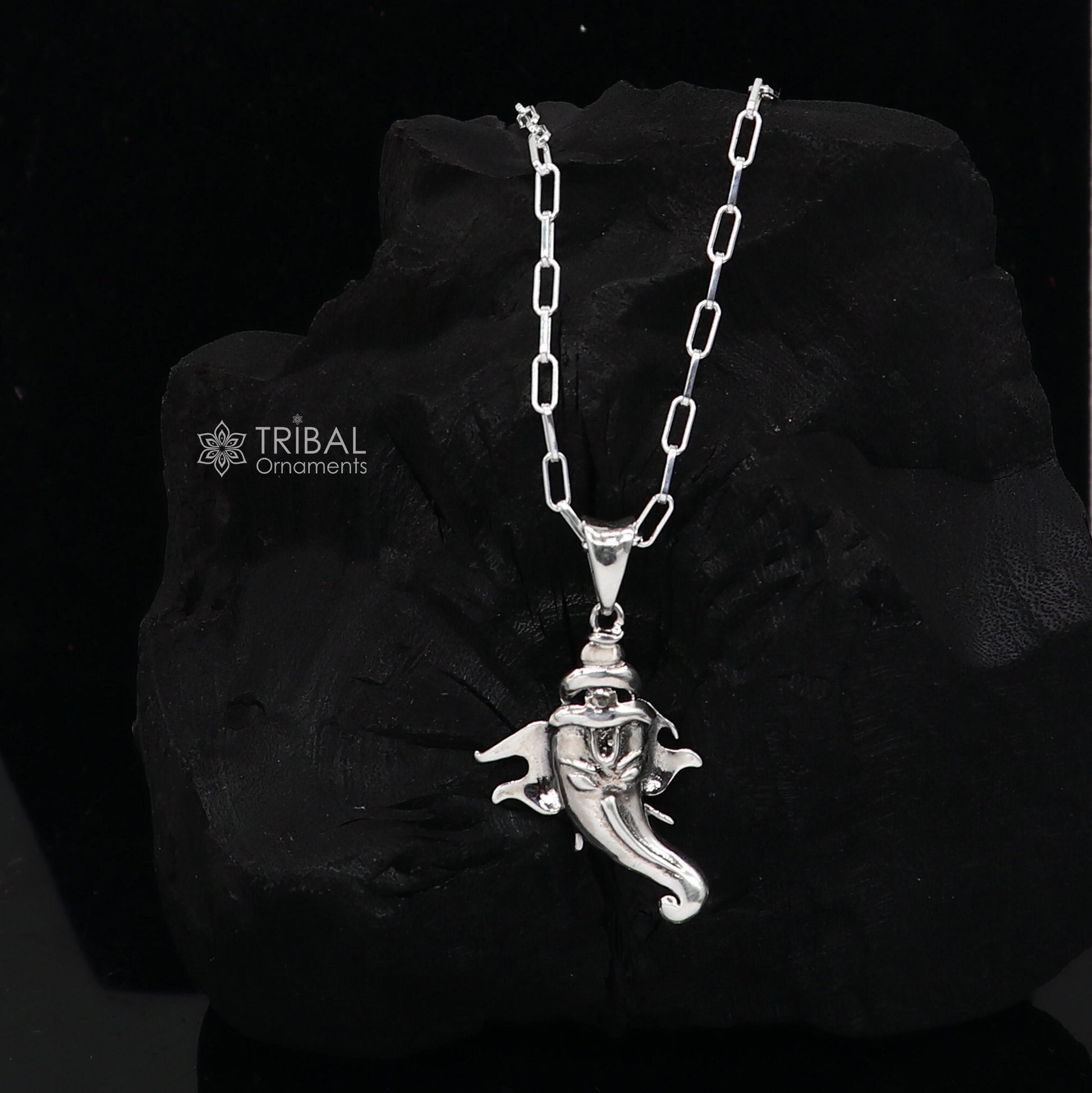 925 sterling silver Lord Ganesha pendant with unique design, handcrafted unisex necklace by Tribal Ornaments.