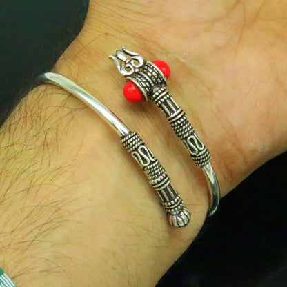 Unisex 925 Sterling silver Lord Shiva Trident design bangle cuff bracelet with adjustable fit, tribal ornament style jewelry.