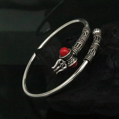 Unisex 925 Sterling silver Lord Shiva Trident design Bahubali bangle cuff bracelet with adjustable fit, tribal ornament style jewelry.