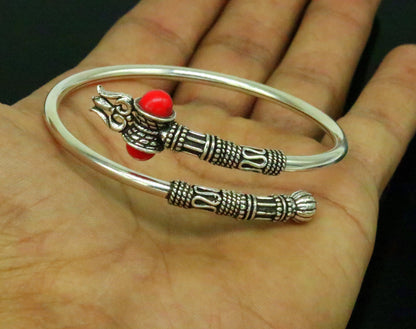 Sterling silver Lord Shiva Trident design unisex bangle cuff bracelet, adjustable jewelry by TRIBAL ORNAMENTS.