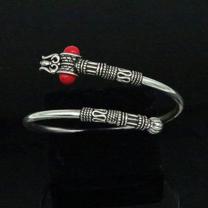Sterling silver Lord Shiva Trident design unisex bangle cuff bracelet, adjustable Bahubali-inspired jewelry by Tribal Ornaments
