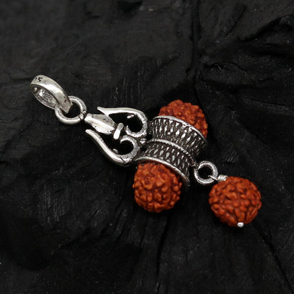 925 sterling silver Lord Shiva trident pendant with Rudraksha, oxidized tribal design, suitable for belly dance jewelry.