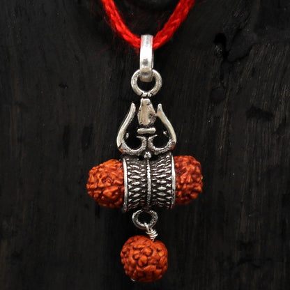 925 sterling silver Lord Shiva trident pendant with Rudraksha, oxidized tribal design, suitable for belly dance jewelry.